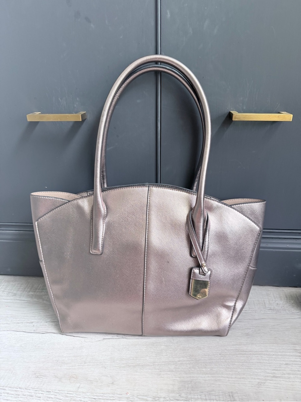 Kate Landry Metallic Pewter Tote Bag Large Shoulder Handbag Work Travel Purse